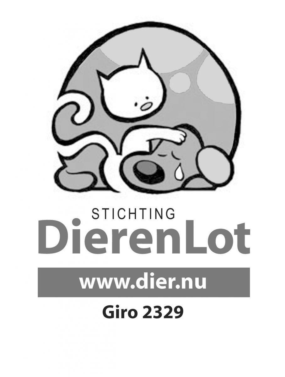 zwart wit logo van Stichting DierenLot met website en gironummer