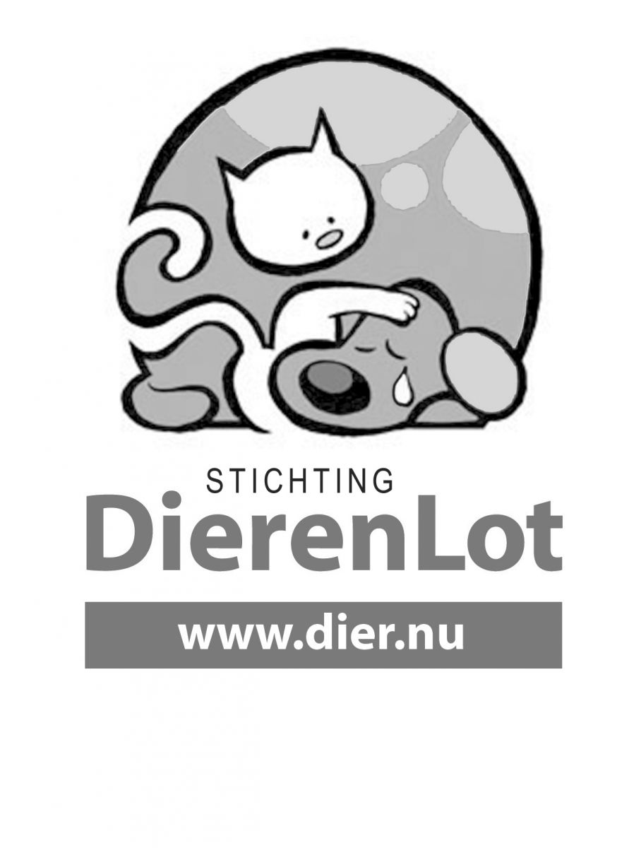 zwart-wit logo van Stichting DierenLot met website